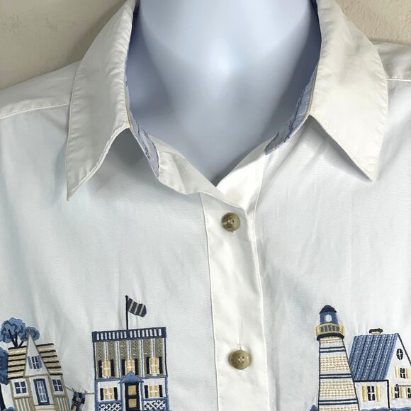 Vintage Womens Coastal Seaside Nantucket Button Up Top 16 Embroidered Lighthouse - Picture 3 of 10
